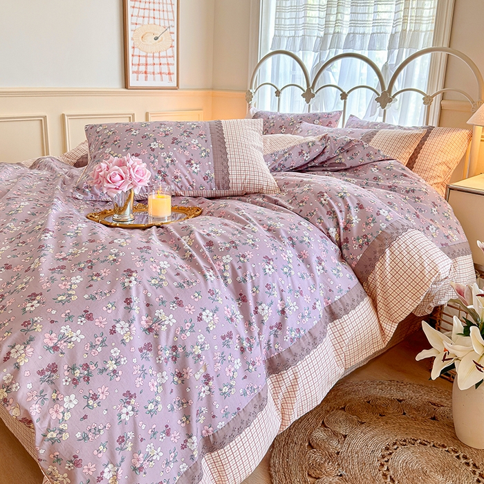 91家纺网 家纺一手货源 找家纺 安莱生活 2024新款全棉韩式小碎花系列四件套 紫云花园