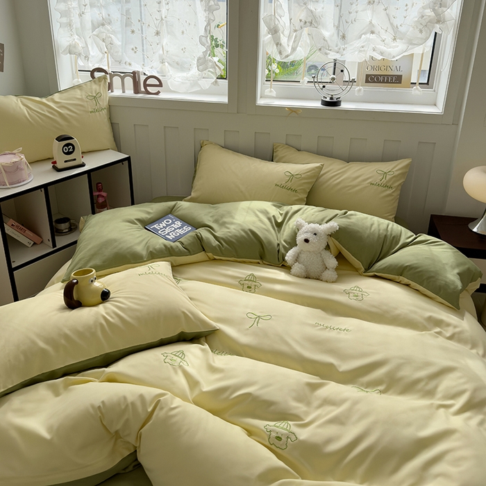 91家纺网 家纺一手货源 找家纺 曼谷 帽子狗刺绣四件套磨毛床上用品水洗棉三件套件 帽子狗-芝士绿