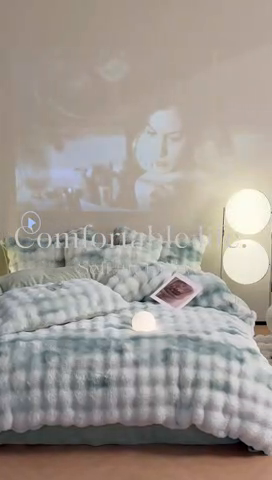 91家纺网 家纺一手货源 找家纺 星座家纺 2025新款大泡泡兔兔绒四件套-场景2 淡雅绿