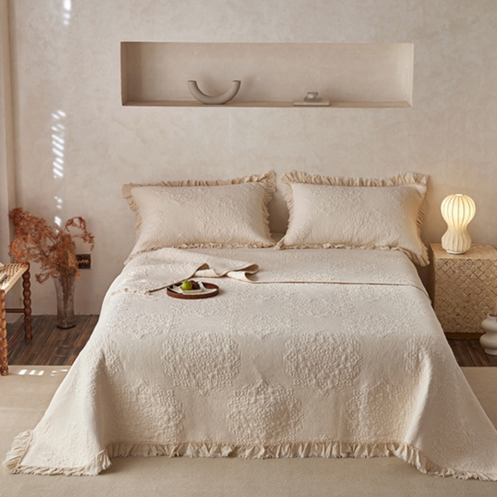 91家纺网 家纺一手货源 找家纺 安莱生活 2024新品百分百全棉密道绗缝成品酵素洗多功能床盖三件套 觅境