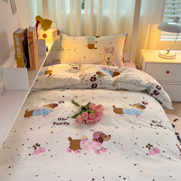 91家纺网 家纺一手货源 找家纺 贝扬思家纺 2024新款贝壳绣水洗双层纱系列-8月新品（学生三件套） 靠谱小狗