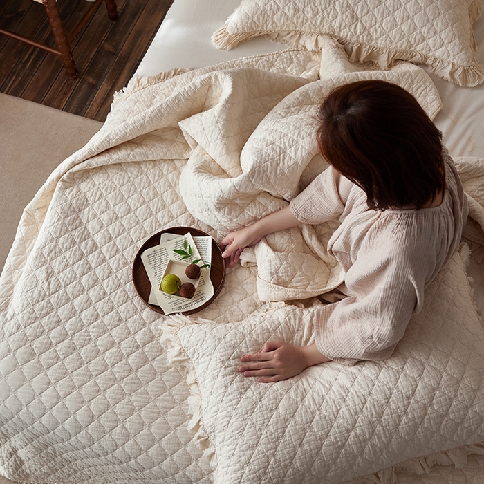 91家纺网 家纺一手货源 找家纺 安莱生活 2024新品百分百全棉密道绗缝成品酵素洗多功能床盖三件套 知晓