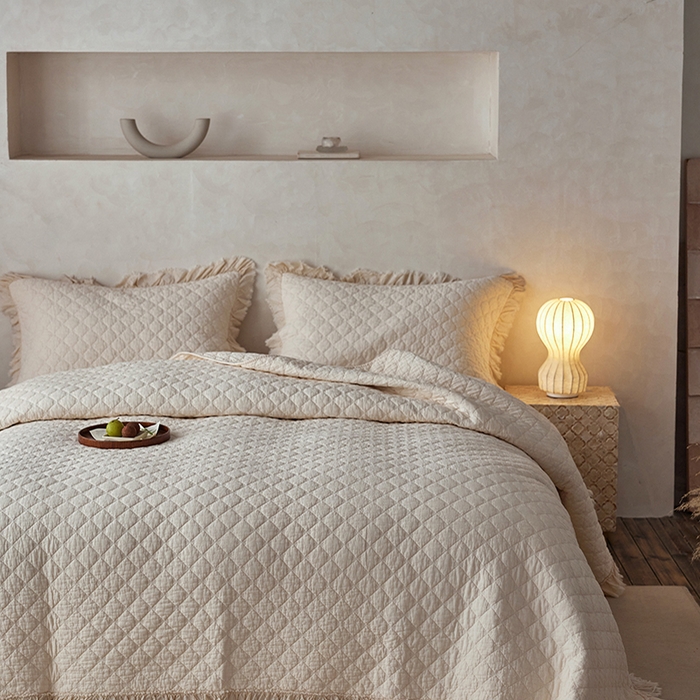 91家纺网 家纺一手货源 找家纺 安莱生活 2024新品百分百全棉密道绗缝成品酵素洗多功能床盖三件套 知晓