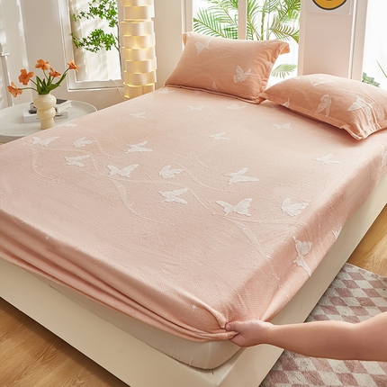 云玲时尚 2025新款纯色雕花绒牛奶绒床笠床罩床垫套 雕花漫舞 桔色