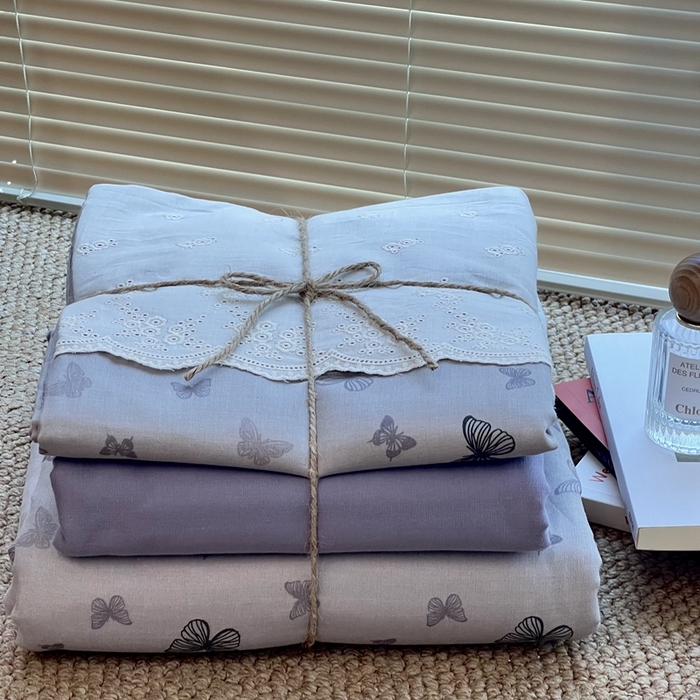 91家纺网 家纺一手货源 找家纺 2024新款全棉印花双层纱四件套--蕾丝花边款 惜花芷