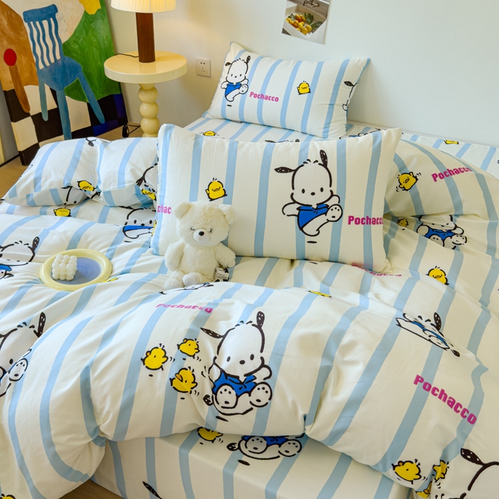 91家纺网 家纺一手货源 找家纺 感遇家纺 2024新款全棉印花四件套 蓝条帕恰狗