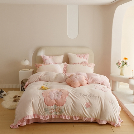 绒梦里 2024新款加厚韩版贴布绣花牛奶绒-梦之花系列 梦之花-梦幻粉