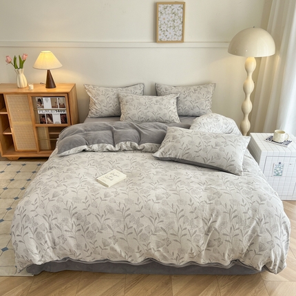 柠馨 2024新款轻奢全棉三层纱牛奶绒棉绒加厚保暖四件套 棉绒-流风灰