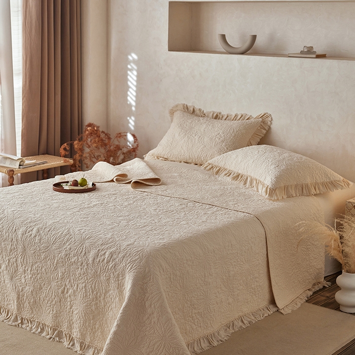 91家纺网 家纺一手货源 找家纺 安莱生活 2024新品百分百全棉密道绗缝成品酵素洗多功能床盖三件套 浅花