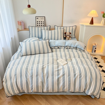 柠馨 2024新款简约时尚全棉牛奶绒棉绒四件套 棉绒中古蓝条纹