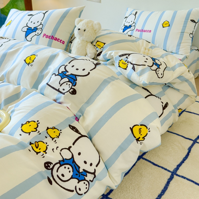 91家纺网 家纺一手货源 找家纺 感遇家纺 2024新款全棉印花四件套 蓝条帕恰狗