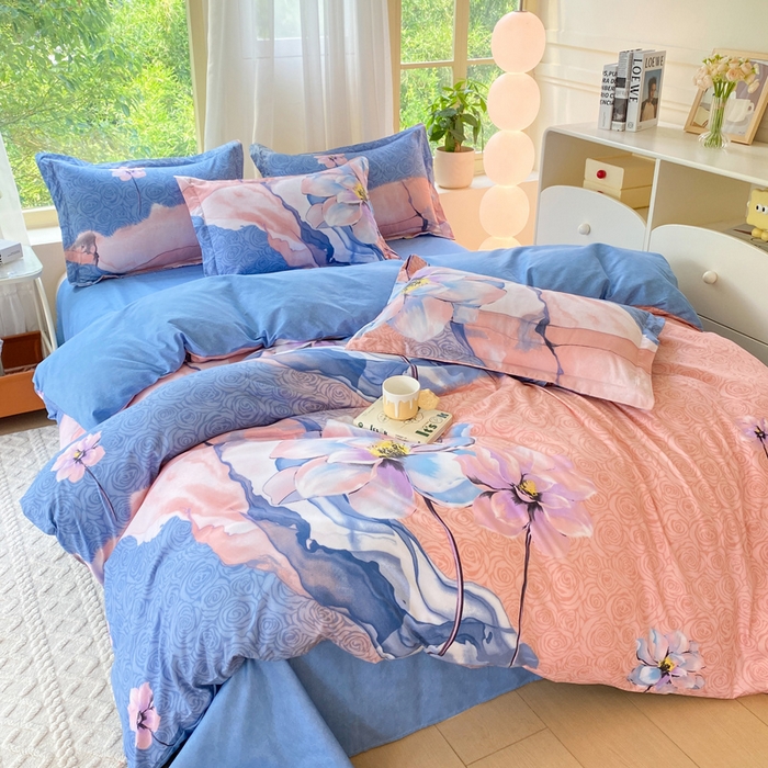 91家纺网 家纺一手货源 找家纺 2025新款植物羊绒大板磨毛活性印花四件套花舞悠然