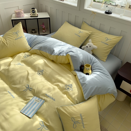 曼谷 帽子狗刺绣四件套磨毛床上用品水洗棉三件套件 帽子狗-芝士蓝