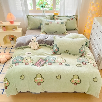 同田家纺 2024秋冬新品雪花绒牛奶绒印花四件套 小丛林