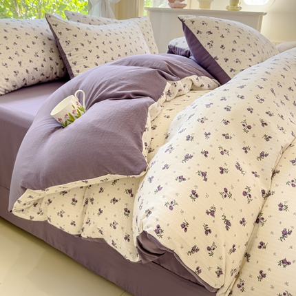 91家纺网 家纺一手货源 找家纺 仟网汇 2024秋冬新款提花彩竺棉小竺棉四件套浅汐-紫