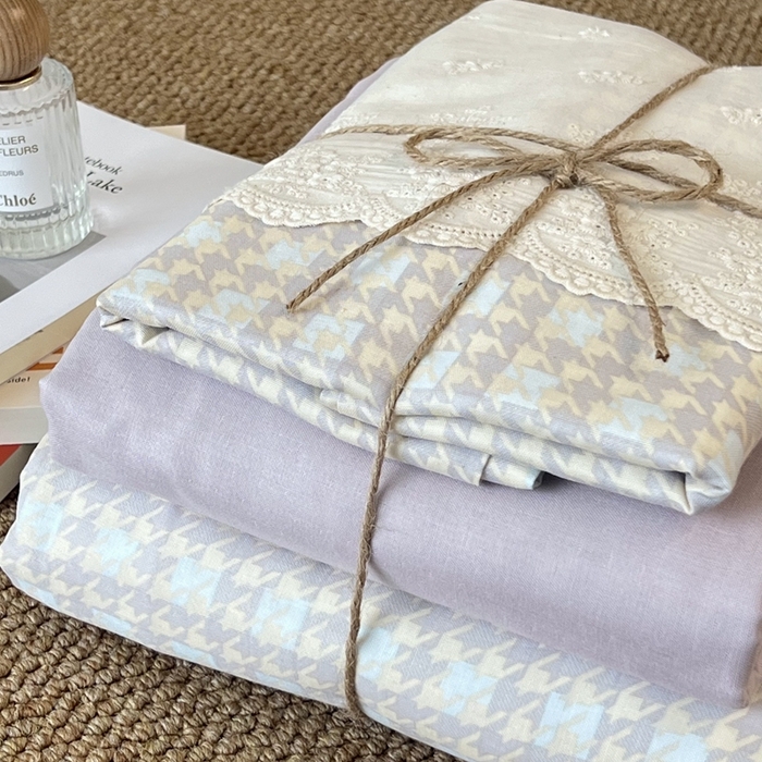 91家纺网 家纺一手货源 找家纺 2024新款全棉印花双层纱四件套--蕾丝花边款 千鸟格