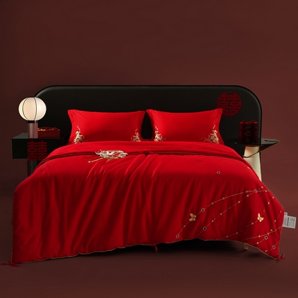 薇玛仕 2025新款60支纯棉大红色绣花款婚庆桑蚕丝被子子母被 金蝶报喜