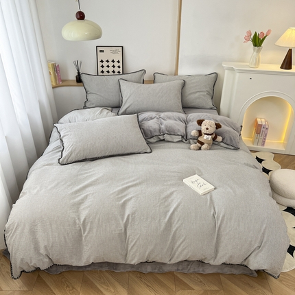 柠馨 2024新款简约时尚全棉牛奶绒棉绒四件套 棉绒灰细条