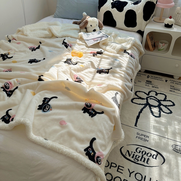 91家纺网 家纺一手货源 找家纺 萝莉家纺 2024秋冬新款多功能加厚牛奶绒羊羔绒多功能毛毯 甜心猫咪