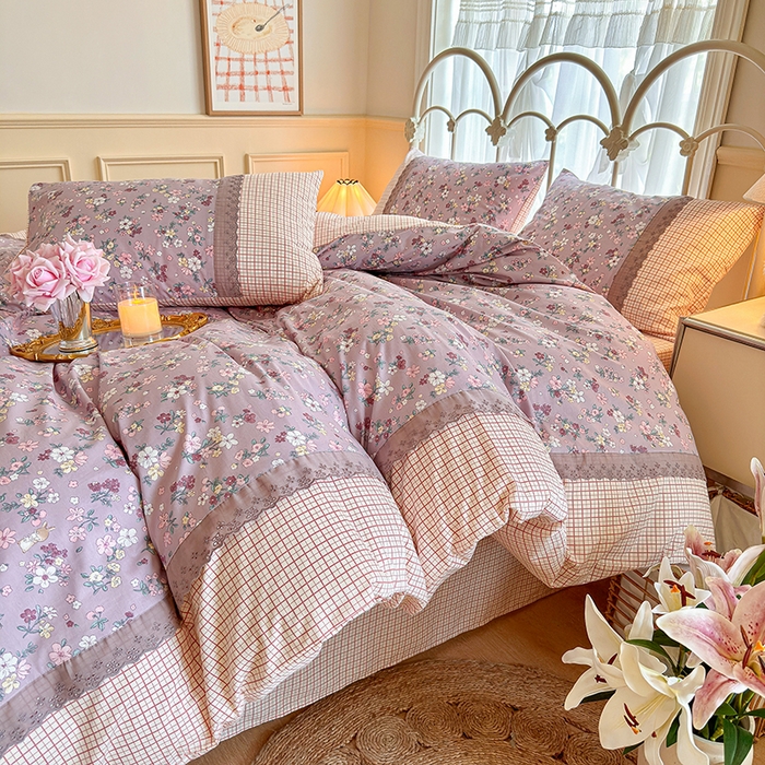 91家纺网 家纺一手货源 找家纺 安莱生活 2024新款全棉韩式小碎花系列四件套 紫云花园