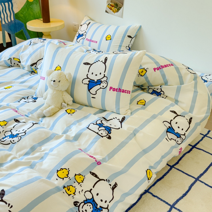 91家纺网 家纺一手货源 找家纺 感遇家纺 2024新款全棉印花四件套 蓝条帕恰狗