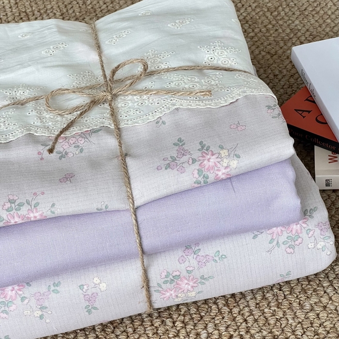 91家纺网 家纺一手货源 找家纺 2024新款全棉印花双层纱四件套--蕾丝花边款 花之棠