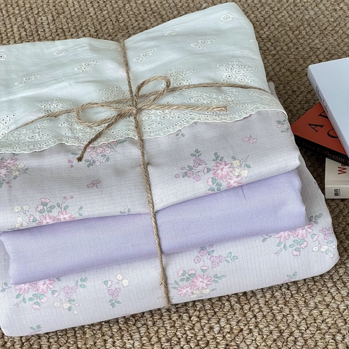 91家纺网 家纺一手货源 找家纺 2024新款全棉印花双层纱四件套--蕾丝花边款 花之棠