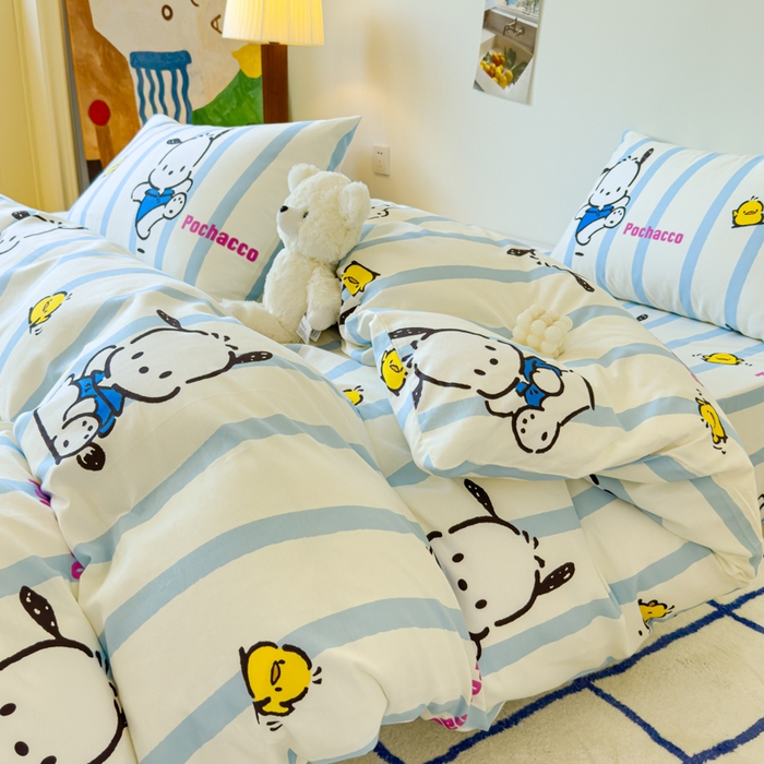 91家纺网 家纺一手货源 找家纺 感遇家纺 2024新款全棉印花四件套 蓝条帕恰狗