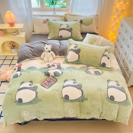 同田家纺 2024秋冬新品雪花绒牛奶绒印花四件套 樱桃熊猫