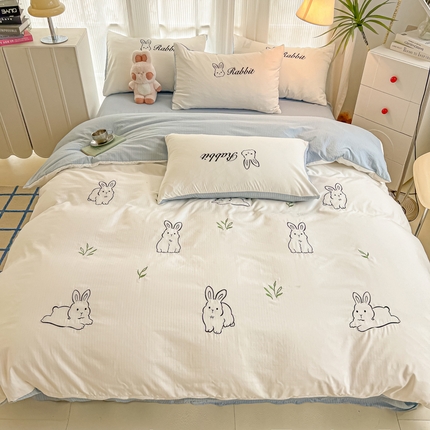 91家纺网 家纺一手货源 找家纺 （总）多乐家纺 2024新款A类超柔加厚有氧提花小竺棉兔兔系列四件套-大床图四件套