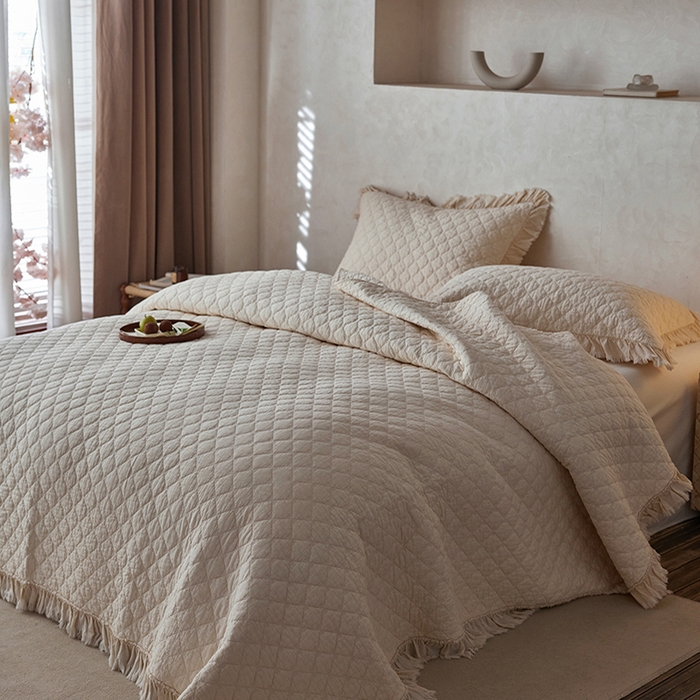 91家纺网 家纺一手货源 找家纺 安莱生活 2024新品百分百全棉密道绗缝成品酵素洗多功能床盖三件套 知晓