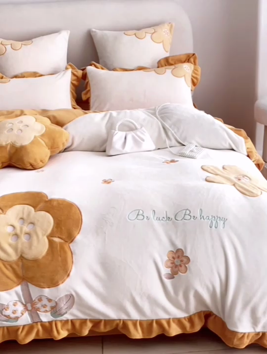 91家纺网 家纺一手货源 找家纺 绒梦里 2024新款加厚韩版贴布绣花牛奶绒-梦之花系列 梦之花-暖橙