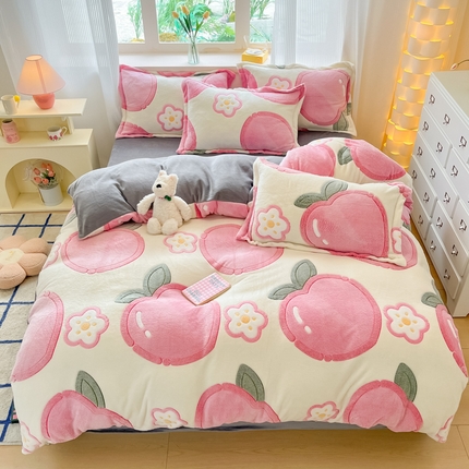 同田家纺 2024秋冬新品雪花绒牛奶绒印花四件套 啵啵蜜桃