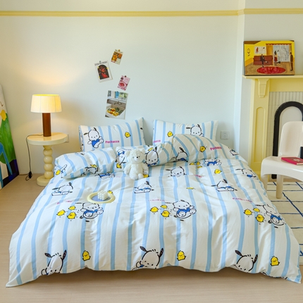 感遇家纺 2024新款全棉印花四件套 蓝条帕恰狗