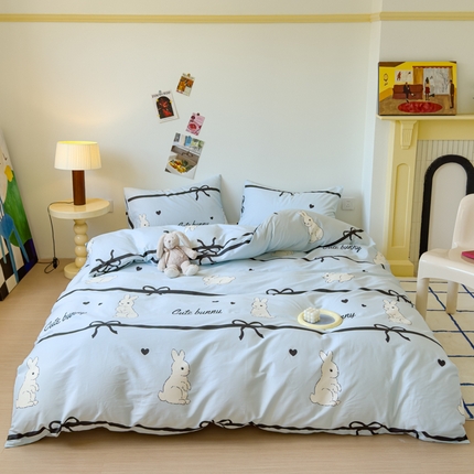 感遇家纺 2024新款全棉印花四件套 大白兔蓝