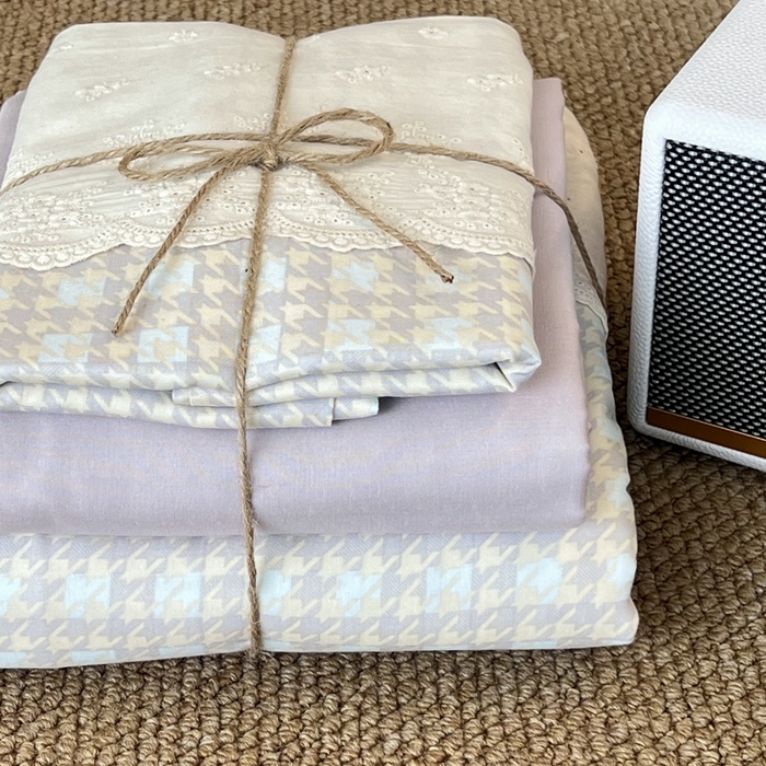 91家纺网 家纺一手货源 找家纺 2024新款全棉印花双层纱四件套--蕾丝花边款 千鸟格