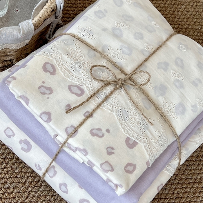 91家纺网 家纺一手货源 找家纺 2024新款全棉印花双层纱四件套--蕾丝花边款 斑斓海