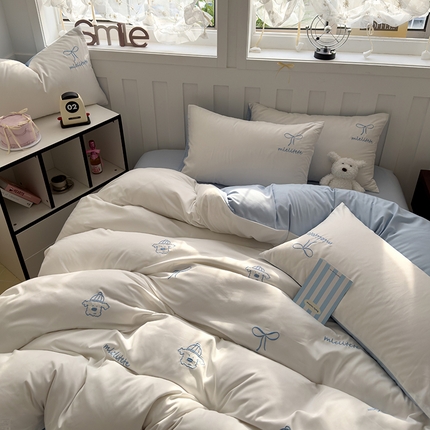 曼谷 帽子狗刺绣四件套磨毛床上用品水洗棉三件套件 帽子狗-米白蓝