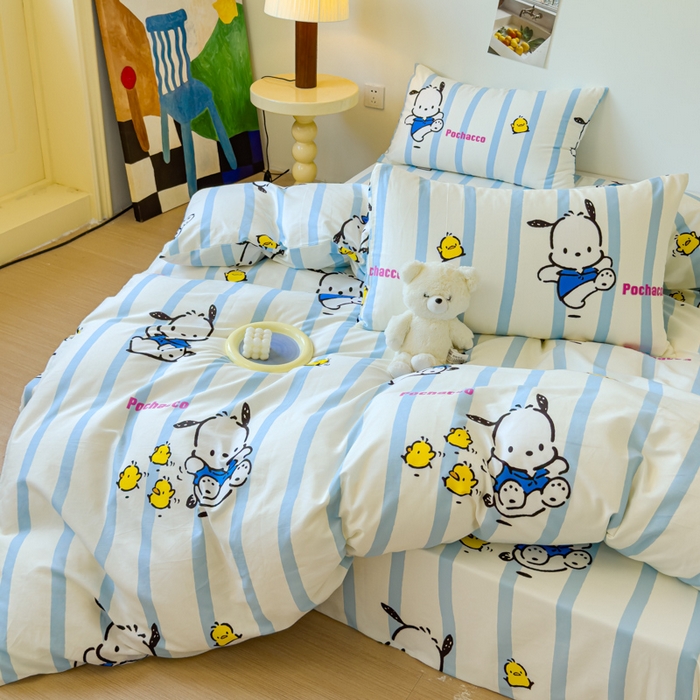 91家纺网 家纺一手货源 找家纺 感遇家纺 2024新款全棉印花四件套 蓝条帕恰狗