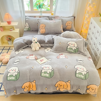 同田家纺 2024秋冬新品雪花绒牛奶绒印花四件套 纸箱小狗