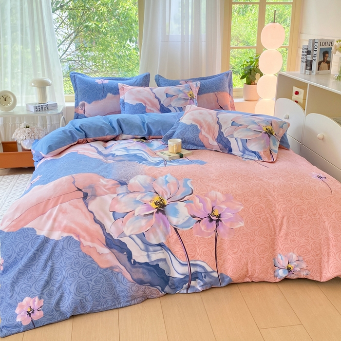 91家纺网 家纺一手货源 找家纺 2025新款植物羊绒大板磨毛活性印花四件套花舞悠然