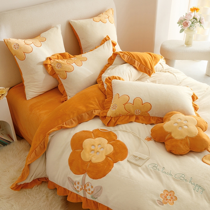 91家纺网 家纺一手货源 找家纺 绒梦里 2024新款加厚韩版贴布绣花牛奶绒-梦之花系列 梦之花-暖橙