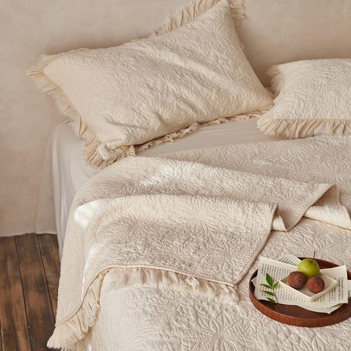 91家纺网 家纺一手货源 找家纺 安莱生活 2024新品百分百全棉密道绗缝成品酵素洗多功能床盖三件套 浅花