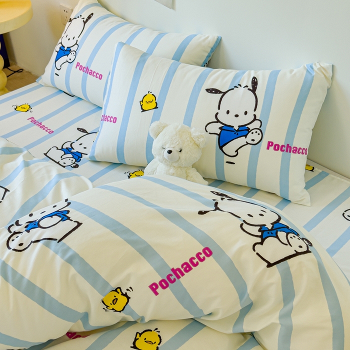 91家纺网 家纺一手货源 找家纺 感遇家纺 2024新款全棉印花四件套 蓝条帕恰狗