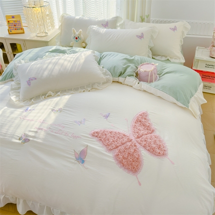 91家纺网 家纺一手货源 找家纺 （总）灰鲸 灰鲸 2025新款水洗双层纱玫瑰兔毛贴布绣四件套-蝶恋