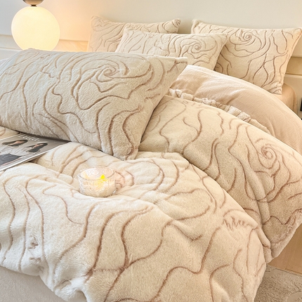 2024新款高克重着色烂花兔毛绒牛奶绒四件套宝宝绒婴儿绒秋冬加厚法莱绒法兰绒珊瑚绒三件套 晓云柔-蜜糖咖