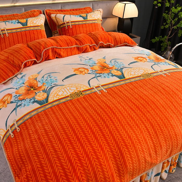 91家纺网 家纺一手货源 找家纺 曼尼家纺2025高克重直播印花床裙款法莱绒金貂珊瑚绒牛奶绒四件套 花开暮色