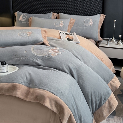 KA家纺 2025新款绣花牛奶绒四件套-玫瑰庄园系列 玫瑰庄园浅灰