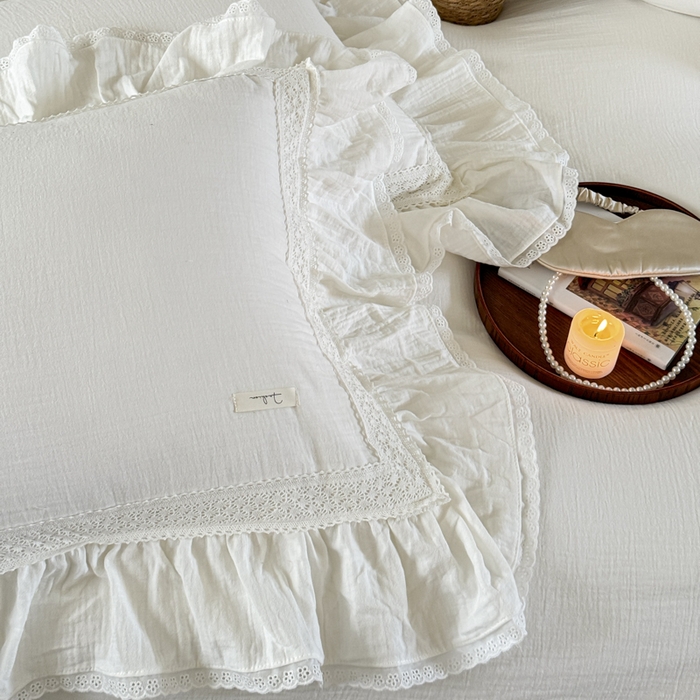 91家纺网 家纺一手货源 找家纺 玛奇朵 2024新款皱皱纱法式慵懒风奶芙蕾丝系列四件套 奶芙蕾丝-月白