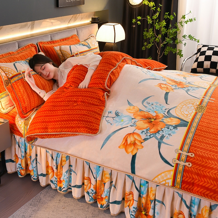 91家纺网 家纺一手货源 找家纺 曼尼家纺2025高克重直播印花床裙款法莱绒金貂珊瑚绒牛奶绒四件套 花开暮色